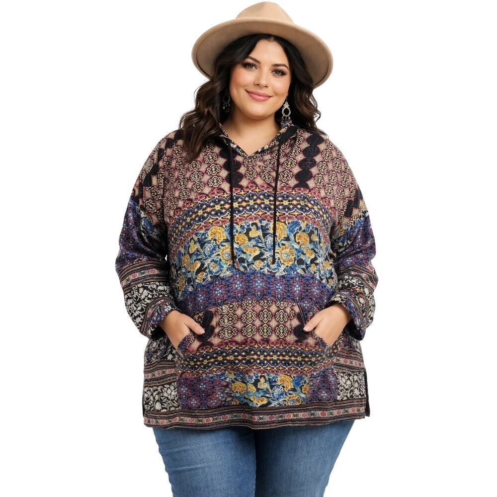 JOHNNY WAS Women's Karma Burnout Aztec Hoodie Gray/Blue Size Extra Extra Large